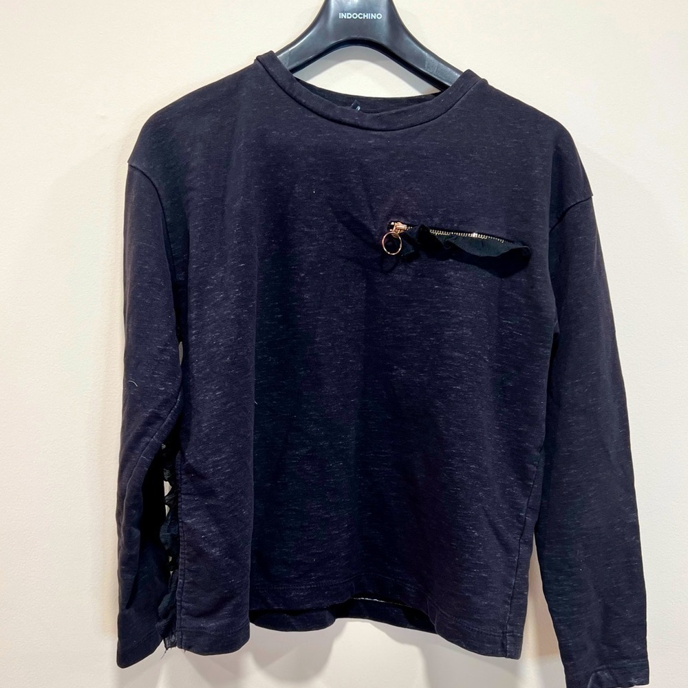 Zara Black Speckled Ruffled Crewneck Sweatshirt with Pocket Size Small